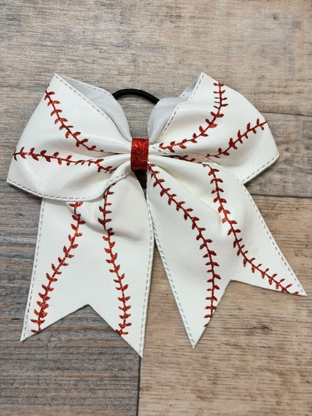 NWOT Vegan Leather White Baseball Red Stitch Bow Pony Tail Holder
